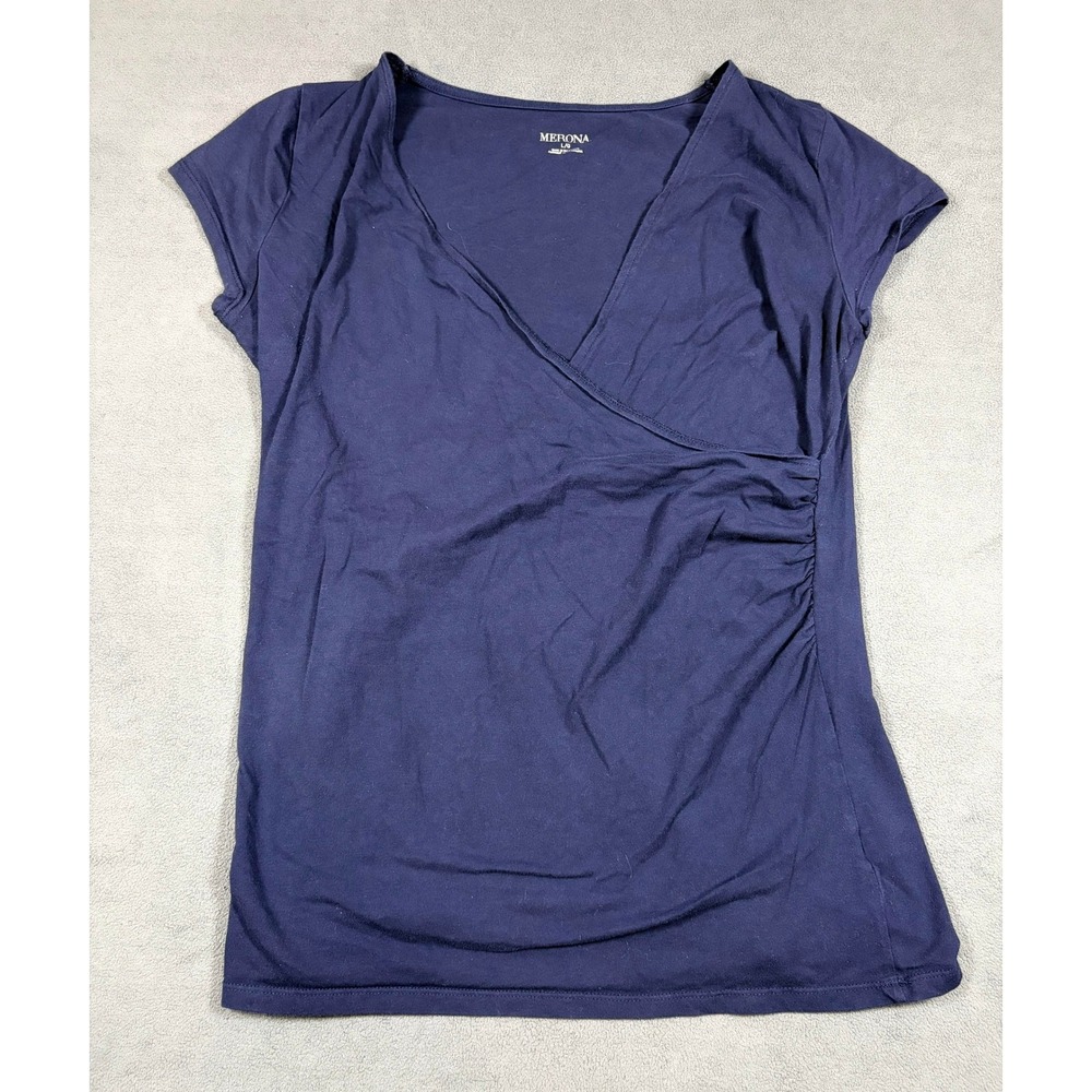 Merona Wrap Top Womens Large Blue Short Sleeve V-Neck Ruched Faux Wrap